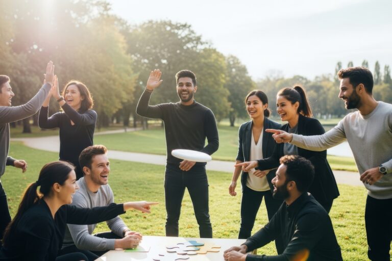 A diverse group of friends outdoors in a park high-fiving and smiling during a sunny meet-up, with a frisbee visible in the scene.