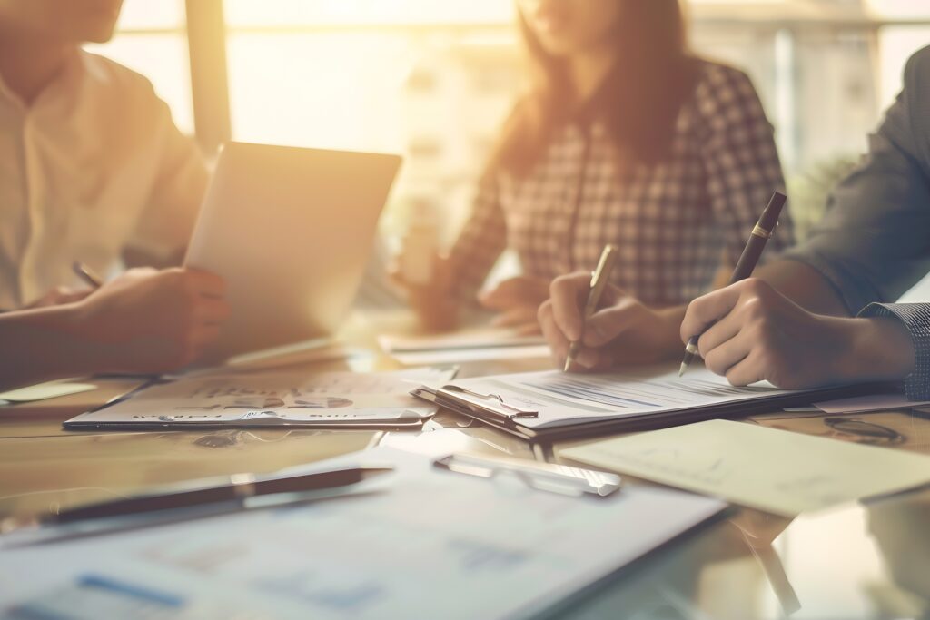 Business people negotiating a contract discussing contract while working together in sunny modern office unknown businessman and woman with colleagues or lawyers at meeting : Generative AI