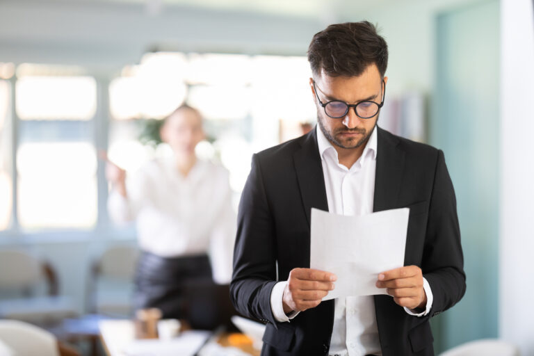 Sad man in suit and glasses standing in modern office, he holding resignation papers